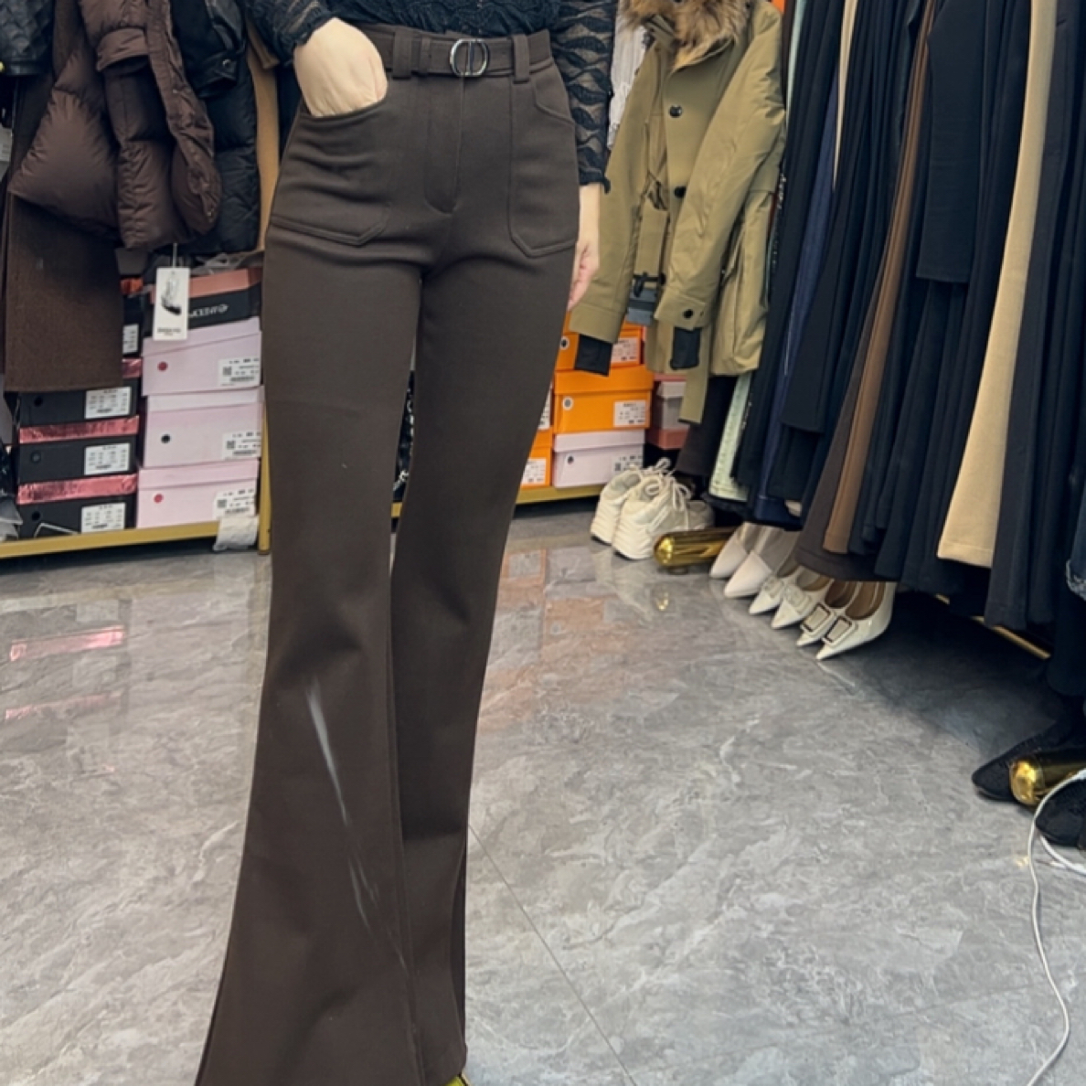 毛呢修身喇叭裤加绒款8961