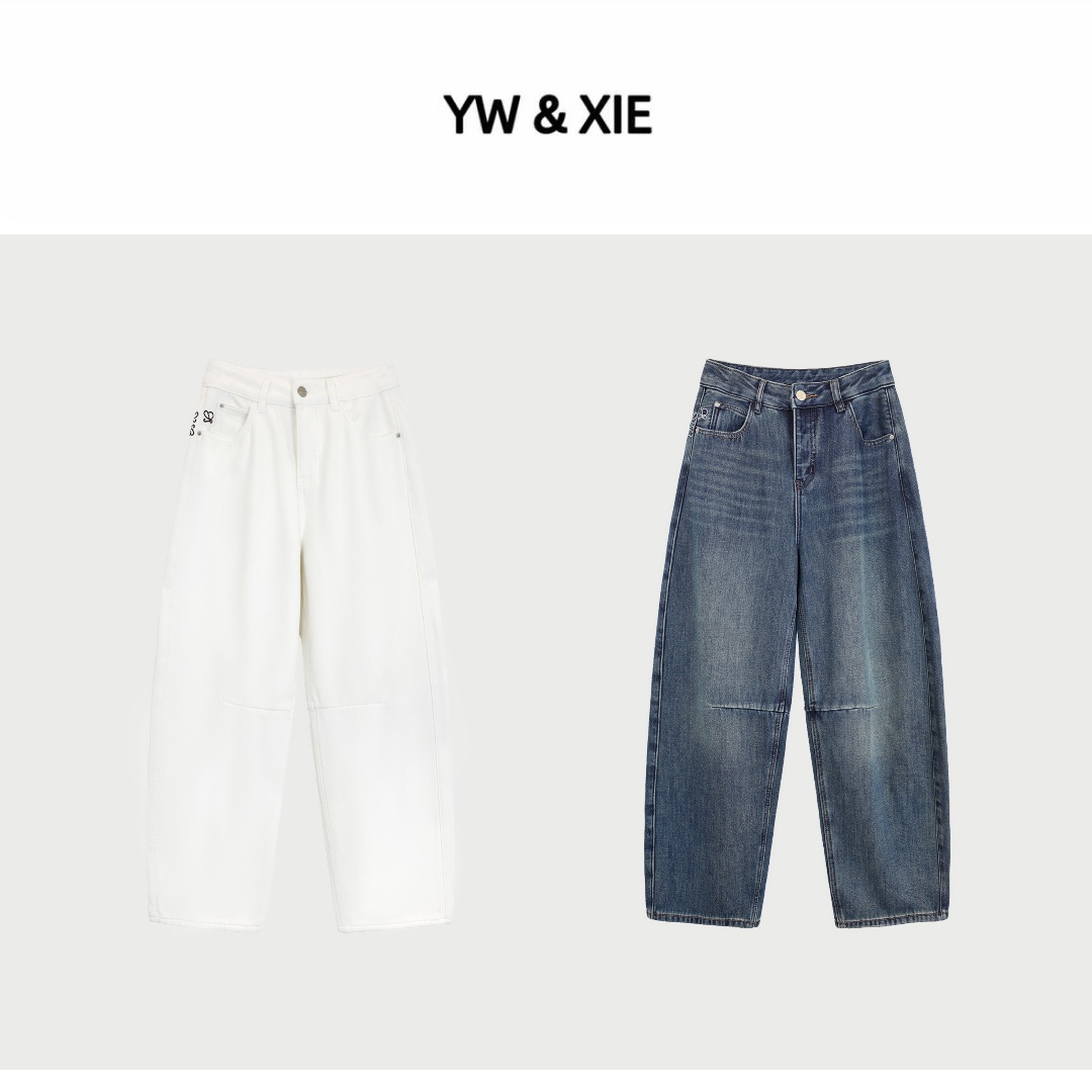 YW&XIE<1068> 93%棉 极简风牛仔裤冬季中腰加绒加厚款弯刀裤无弹