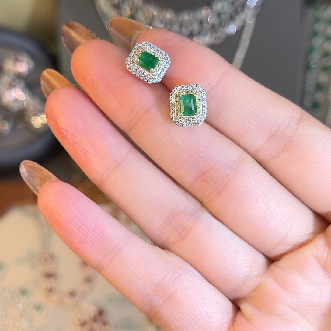 祖母绿耳饰银S925镶嵌