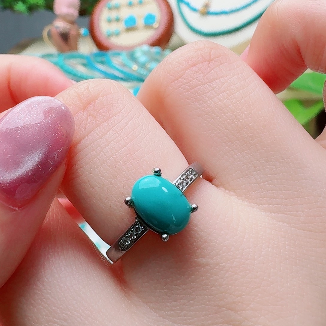 绿松石银S925镶嵌高瓷绿精品女戒