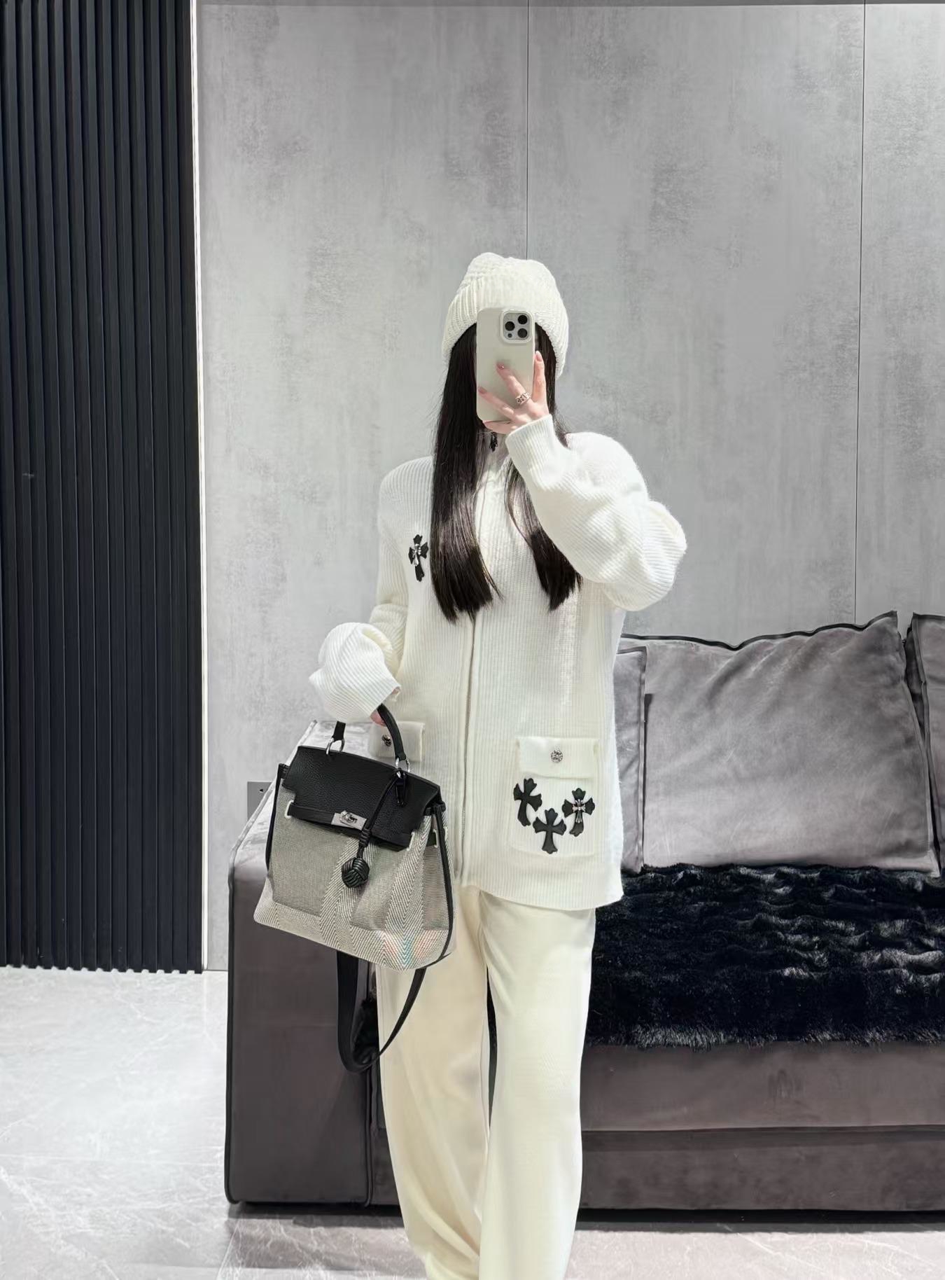 【LL】罗家新款十字架拼皮针织开衫外套