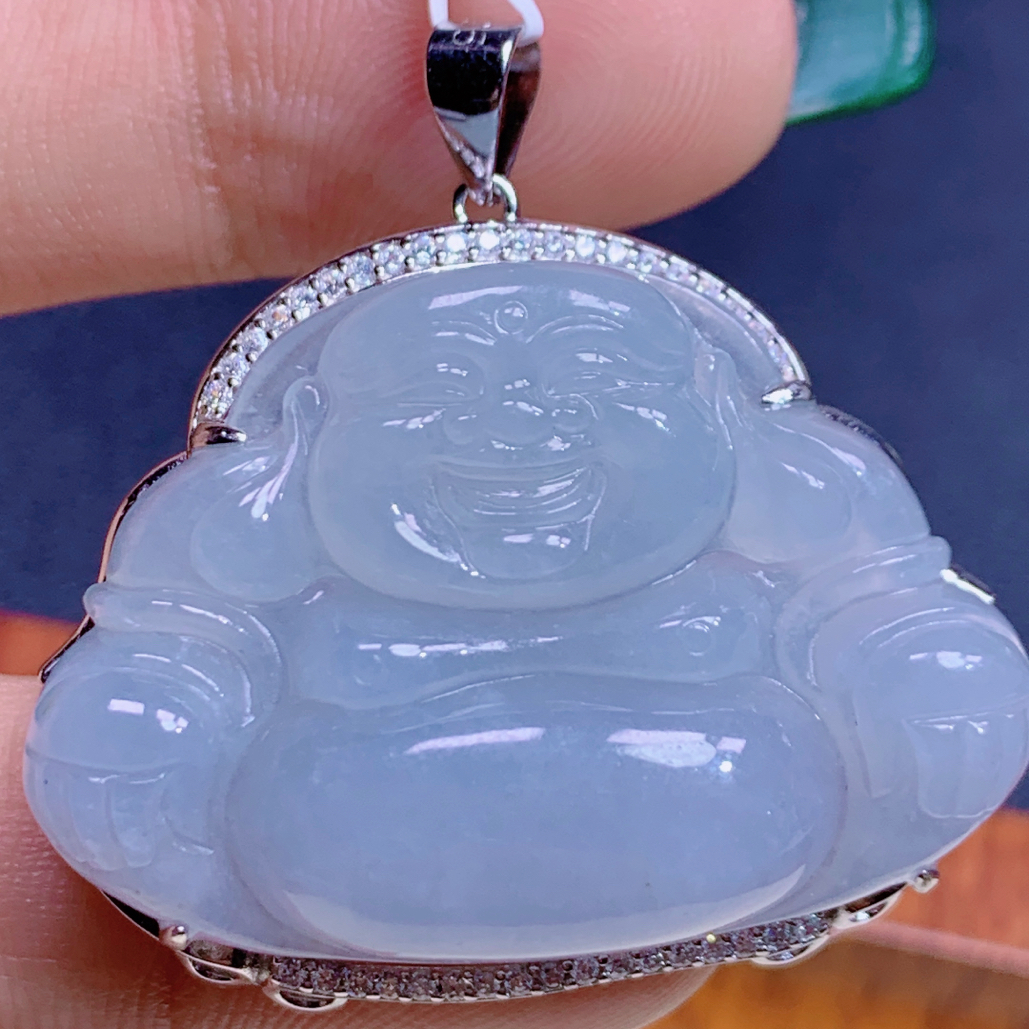 天然缅甸A货翡翠s925银镶冰胶佛公吊坠j整34石23.5/34/7.2mm配证