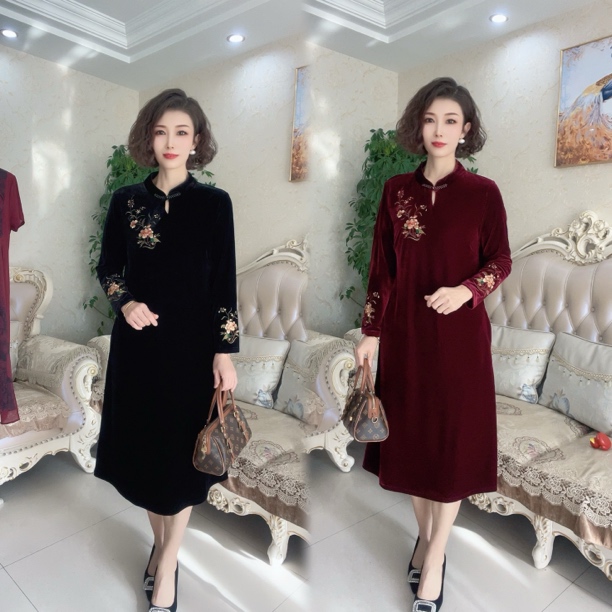008古韵旗袍裙中老年妈妈款冬季连衣裙