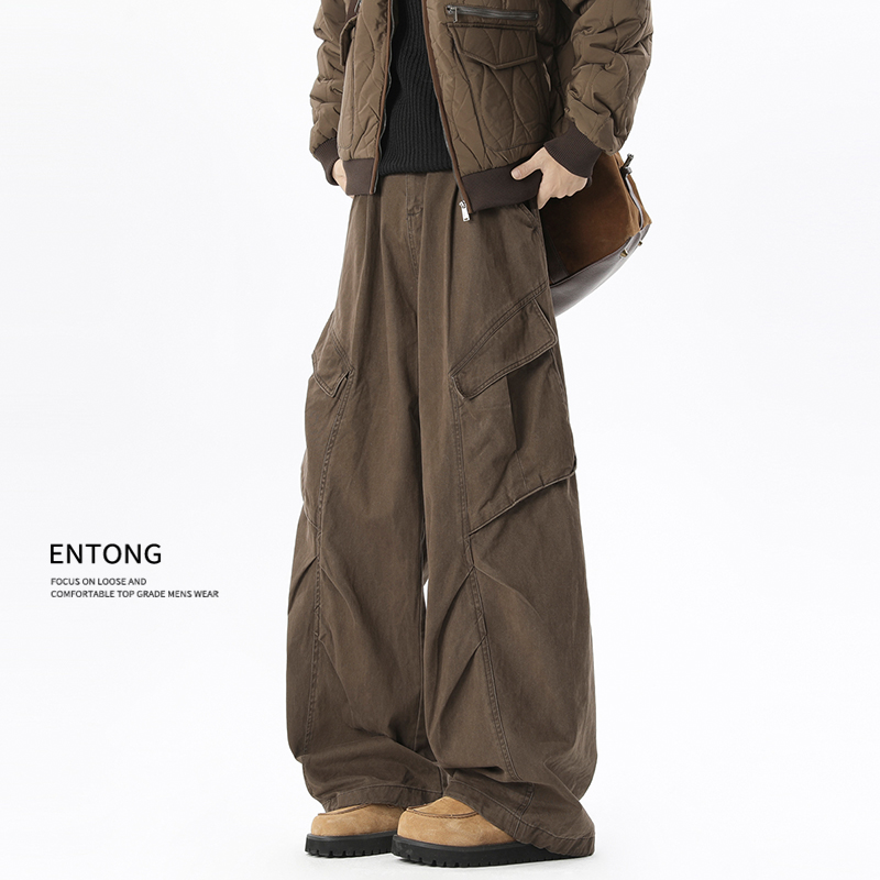Entong美式复古褶皱工装休闲裤男生秋冬百搭大口袋宽松解构阔腿裤