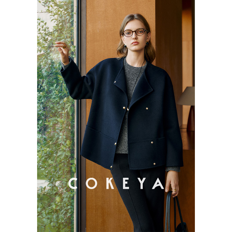 COKEYA/柏林旧时光~L*p传柜4W+羊绒短款双面毛呢外套女秋羊毛大衣