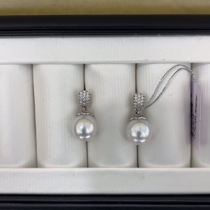 海水珍珠漏澳白三排锆耳坠10-11mm银S925镶嵌