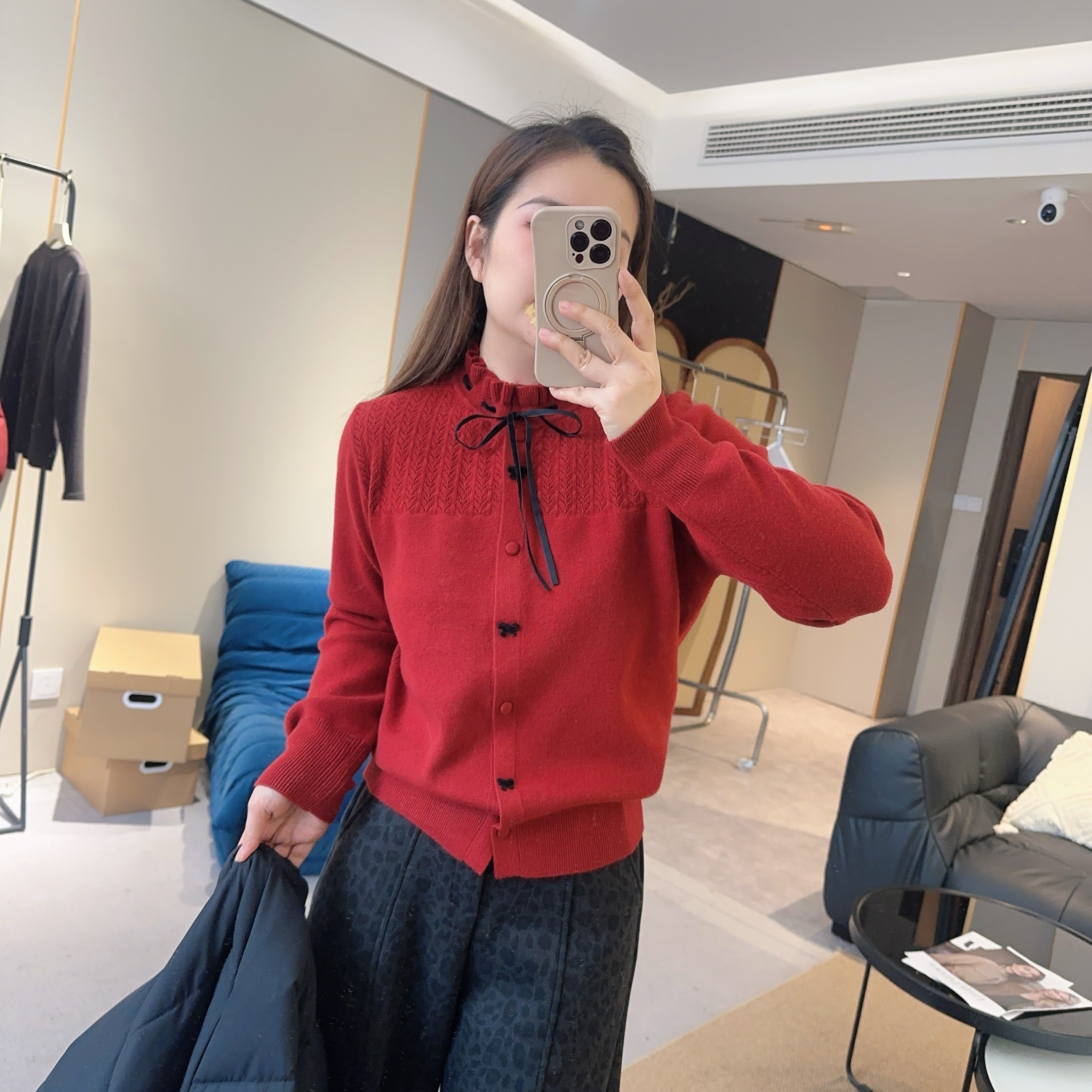 【欧加粒粒】韩系蝴蝶结系带花边立领针织开衫软糯宽松 Y25121904