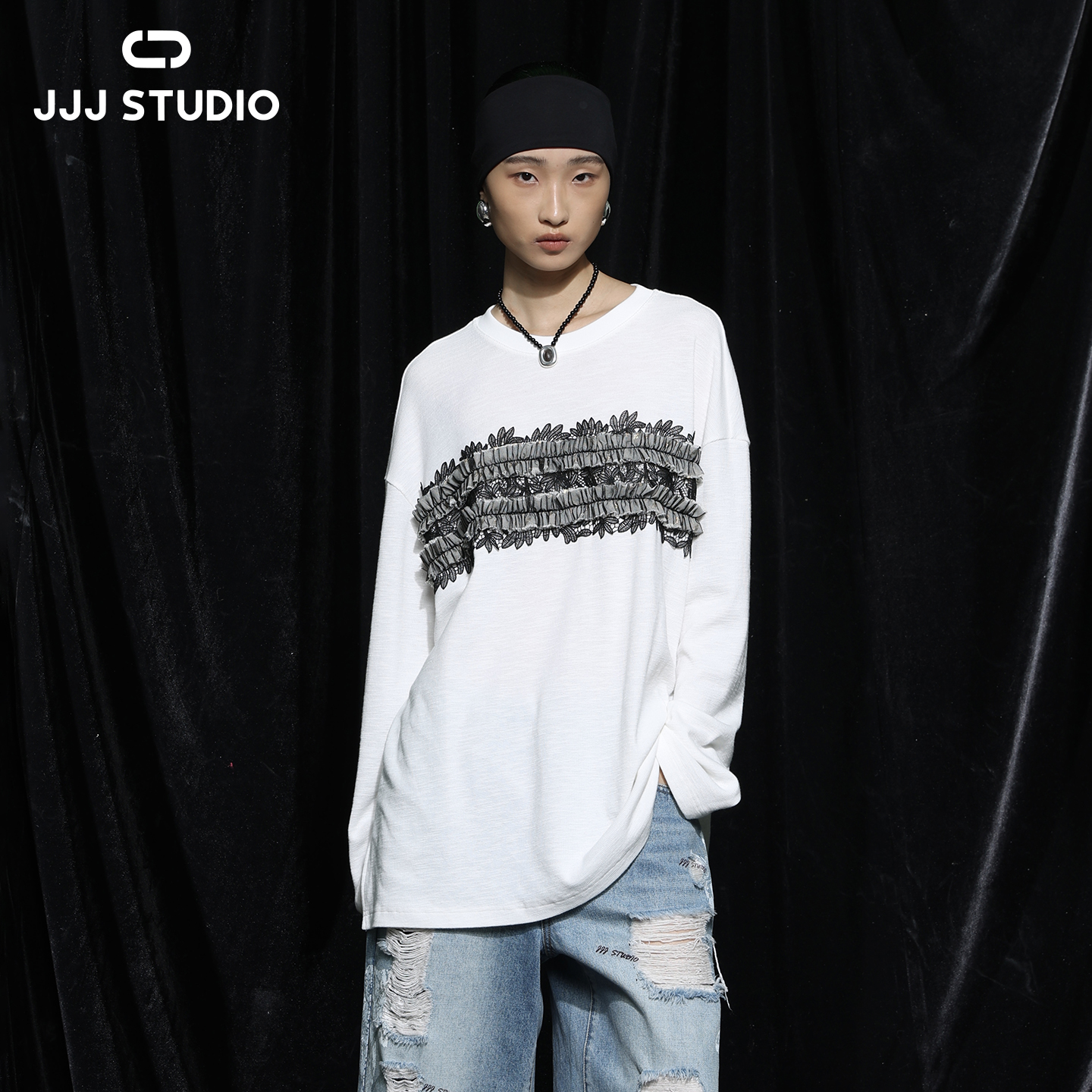 JJJ STUDIO 长袖白色宽松印花设计师圆领重工T恤JDWWA2T323