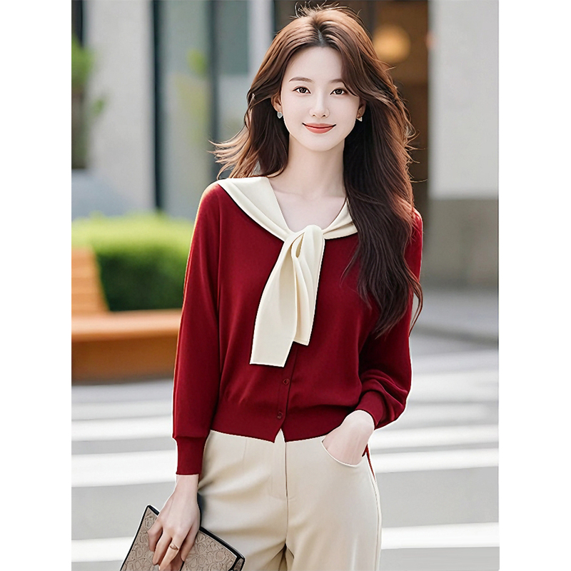洋气披肩慵懒感小众红色毛衣2025女装撞色针织衫开春设计感上衣