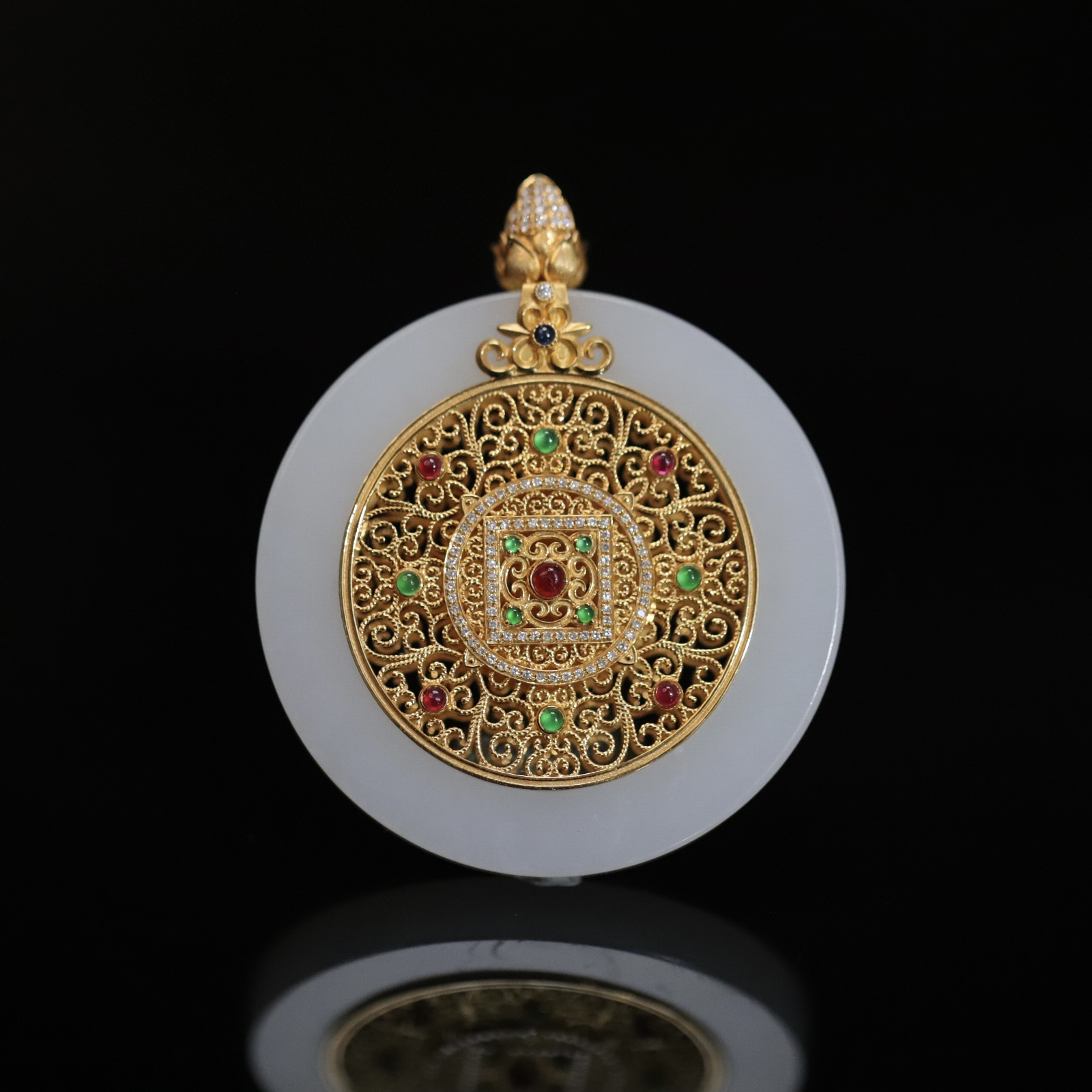 新疆和田玉坛城吊坠18K金镶玉圆满镂空香囊挂件白玉定制苏工