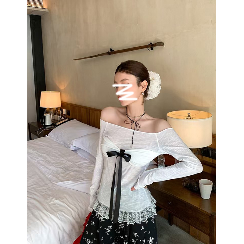 辣妹一字肩系带防晒长袖T恤女春季薄款微透蕾丝边上衣
