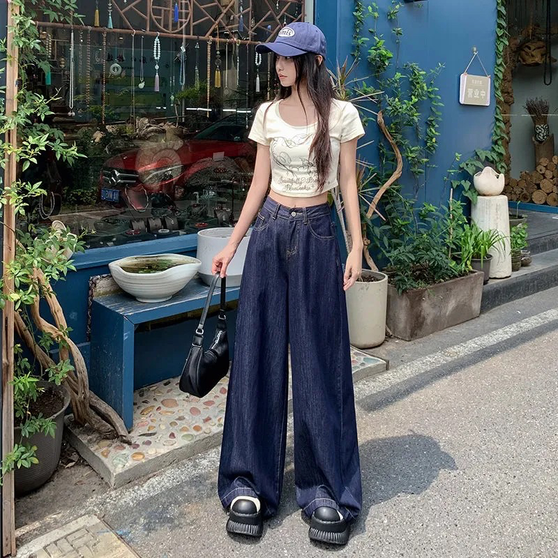 美式复古深蓝色高腰阔腿牛仔裤女宽松显瘦垂感拖地长裤