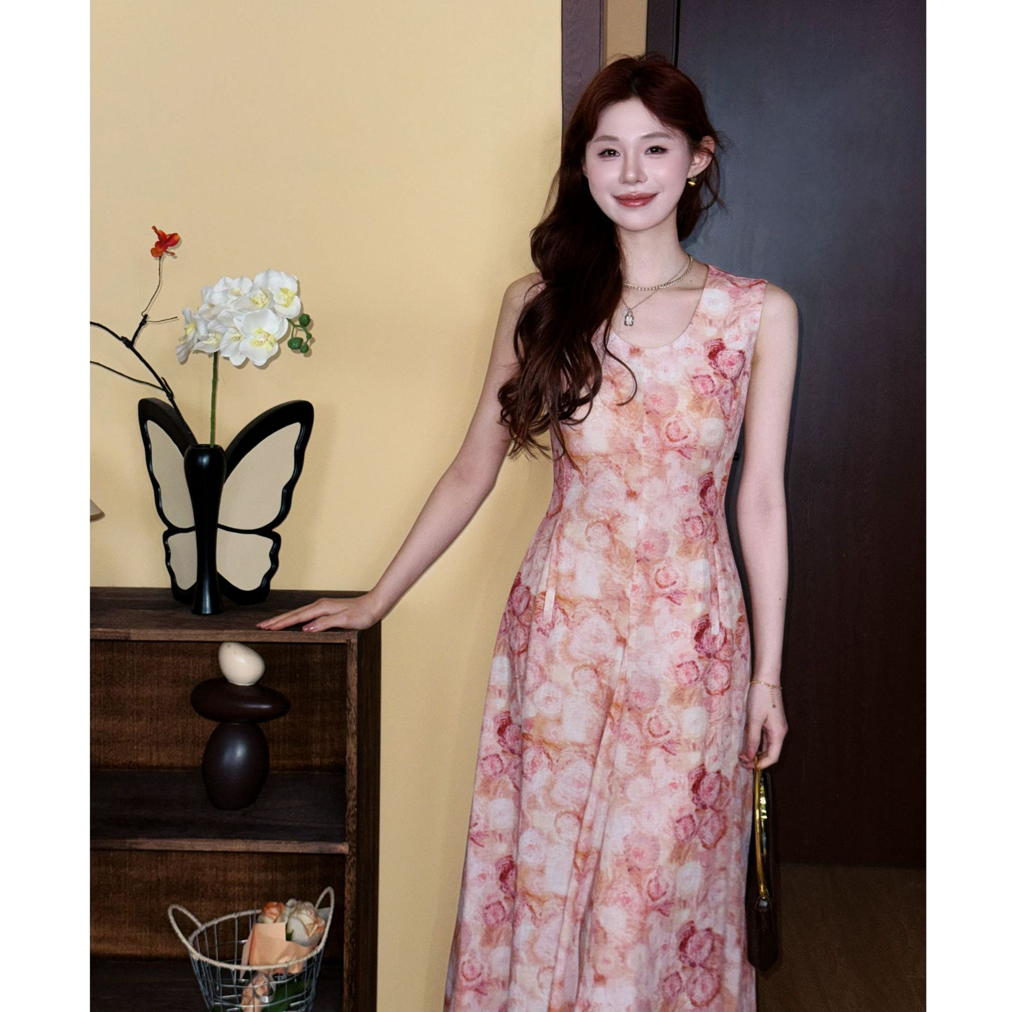 1【天丝 麻】气质 时尚 小众 美静在这粉色连衣裙夏季显瘦XMZH8586