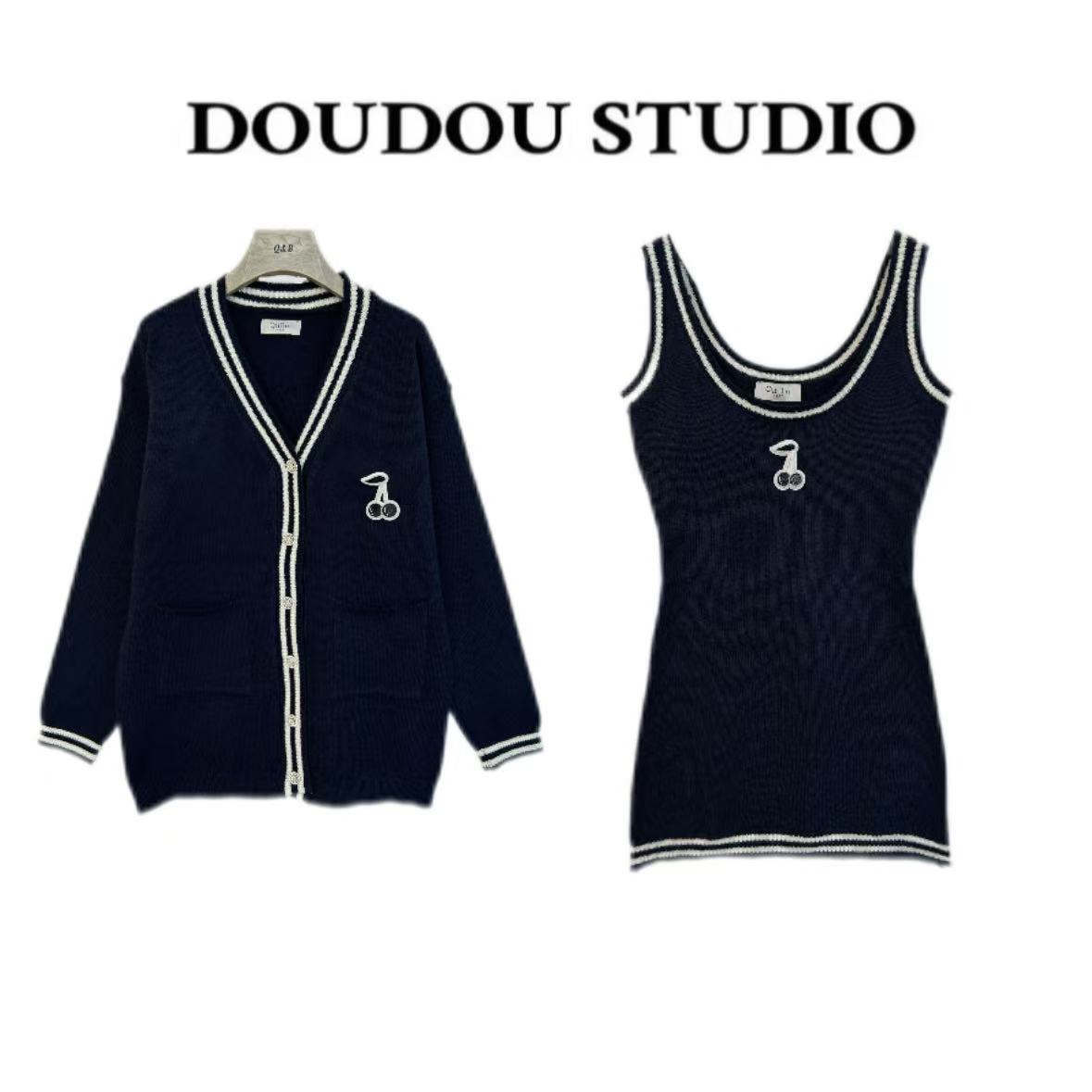 【兜兜】蓝色樱桃 秋季新款毛衣大外套+修身连衣裙两件套装 井330A