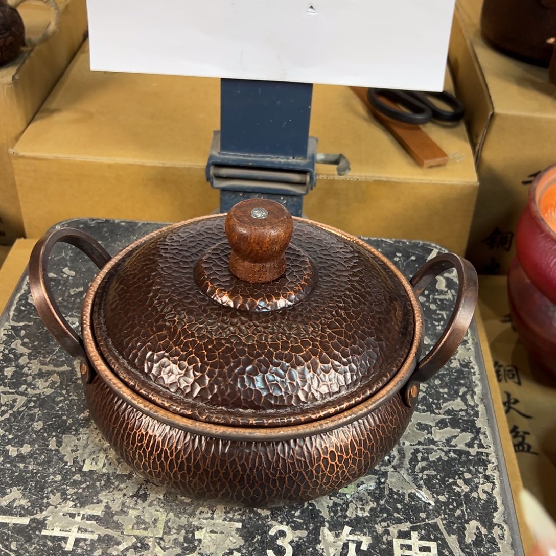 紫铜20cm复古燃气木质盖浅汤锅