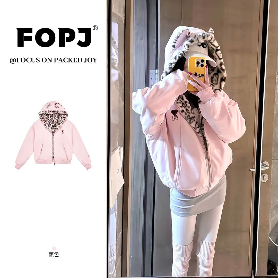 FOPJ美式复古麂皮绒座山雕连帽卫衣女加厚保暖毛茸茸短款拉链外套商品图