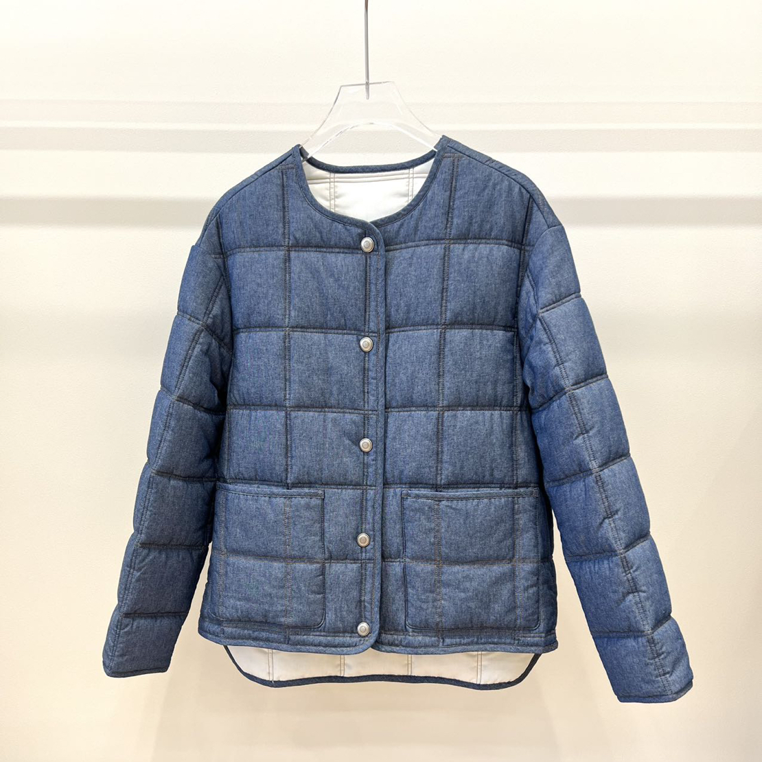 方格纹棉服女韩版简约无领单排扣前短后长设计保暖百搭外套