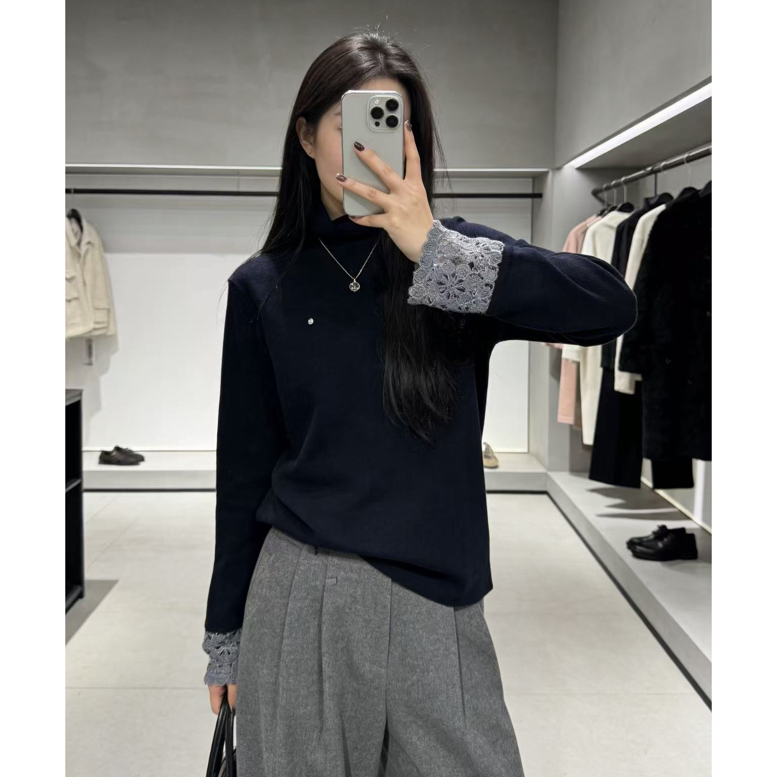 ZJ 胸94-150长58显瘦高领长袖修身拼接袖针织上衣 4959