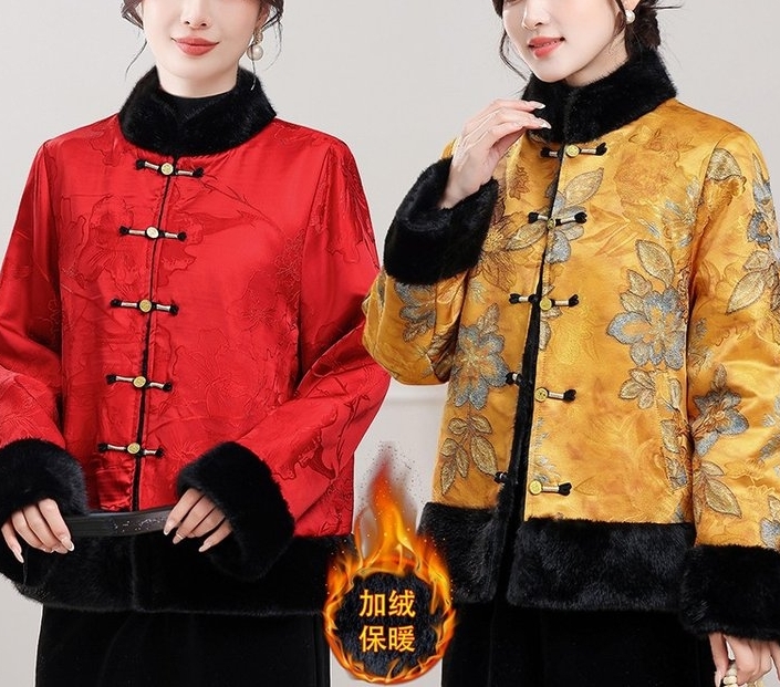 双面穿新中式冬季皮毛一体立领上衣水貂毛新中式唐装提花外套