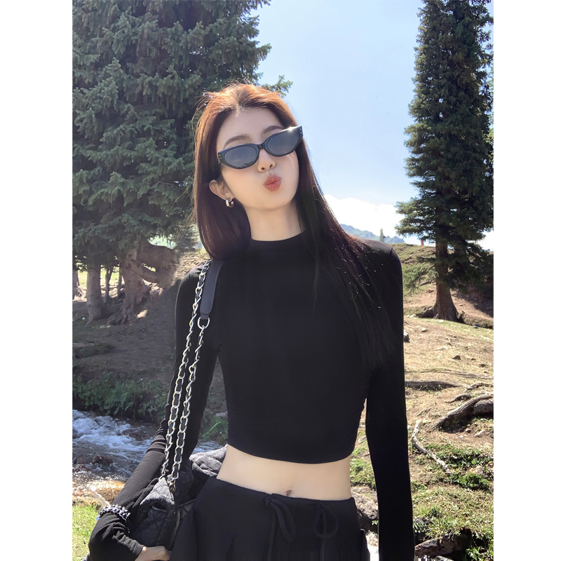 半高领黑色显瘦长袖t恤女秋新款短款高腰修身百搭内搭打底衫上衣