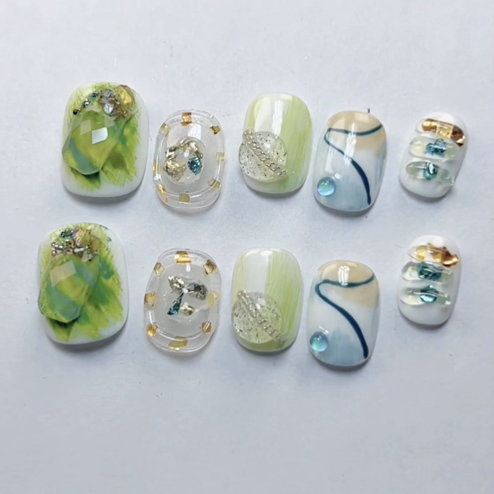 J（豆豆甲）绿宝石盒子  ins小众高端穿戴甲 手工美甲甲片