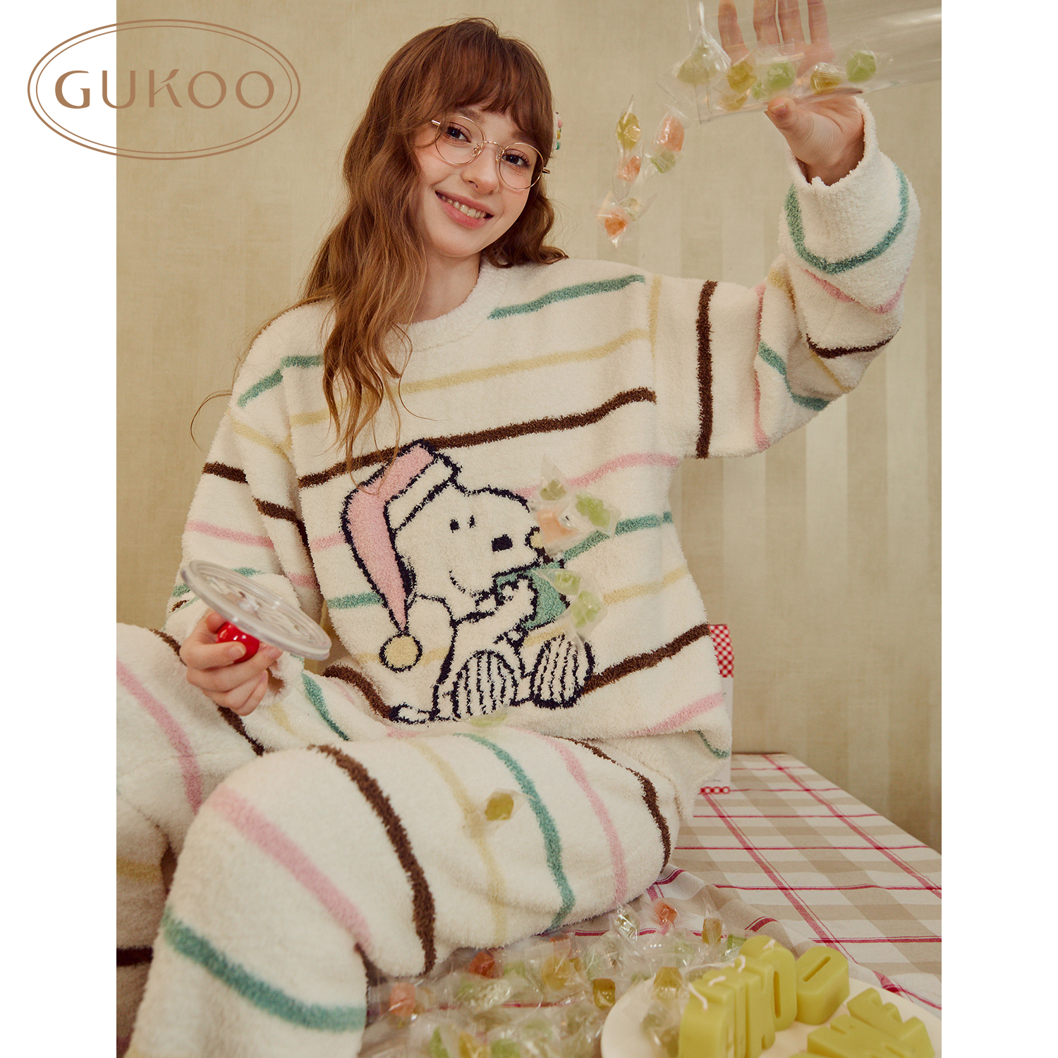 【琦儿专属】Gukooo果壳冬季史努比联名保暖宽松加绒加厚家居服套装