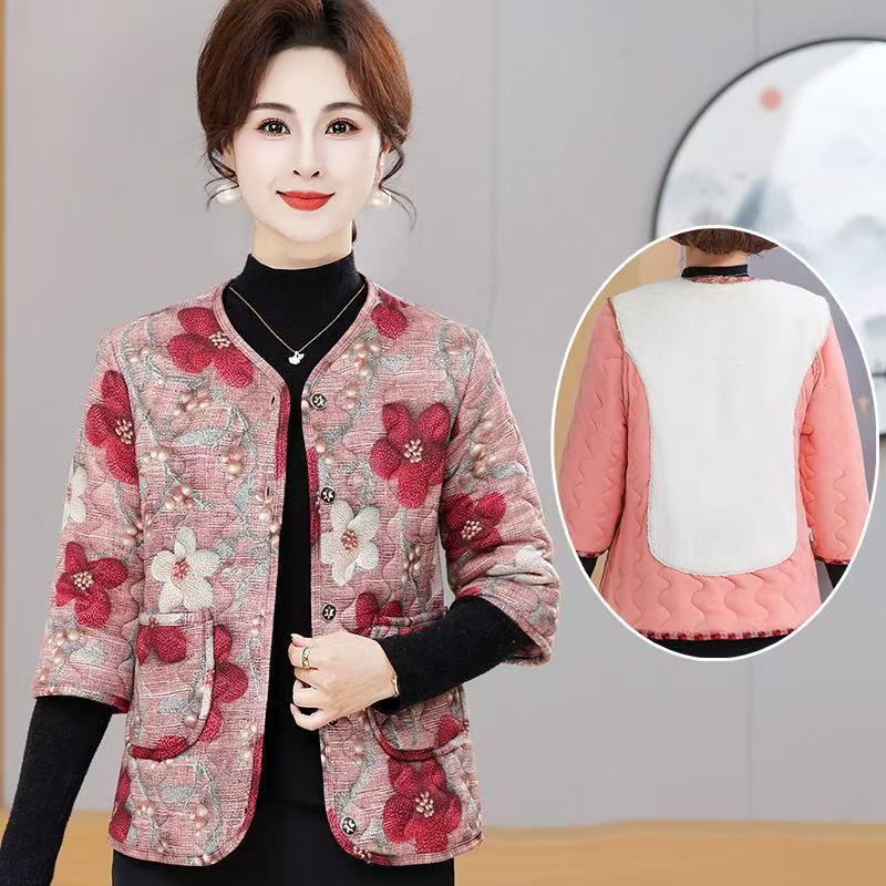 冬季新款中老年加绒内胆七分袖棉衣保暖加厚棉袄圆领大花