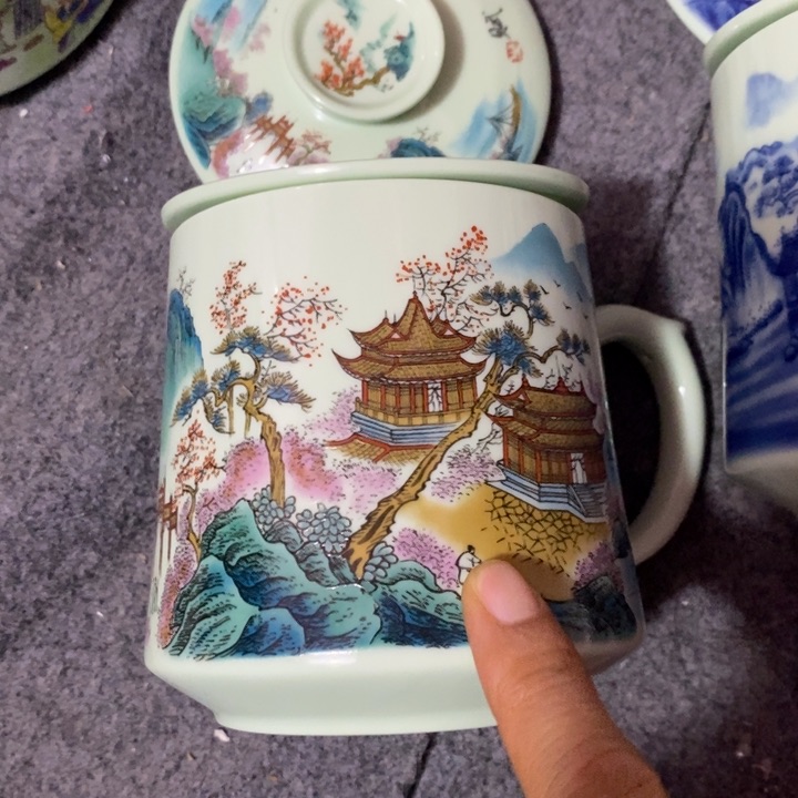 摆件陶绿稀土粉彩青绿山水带过滤网办公杯