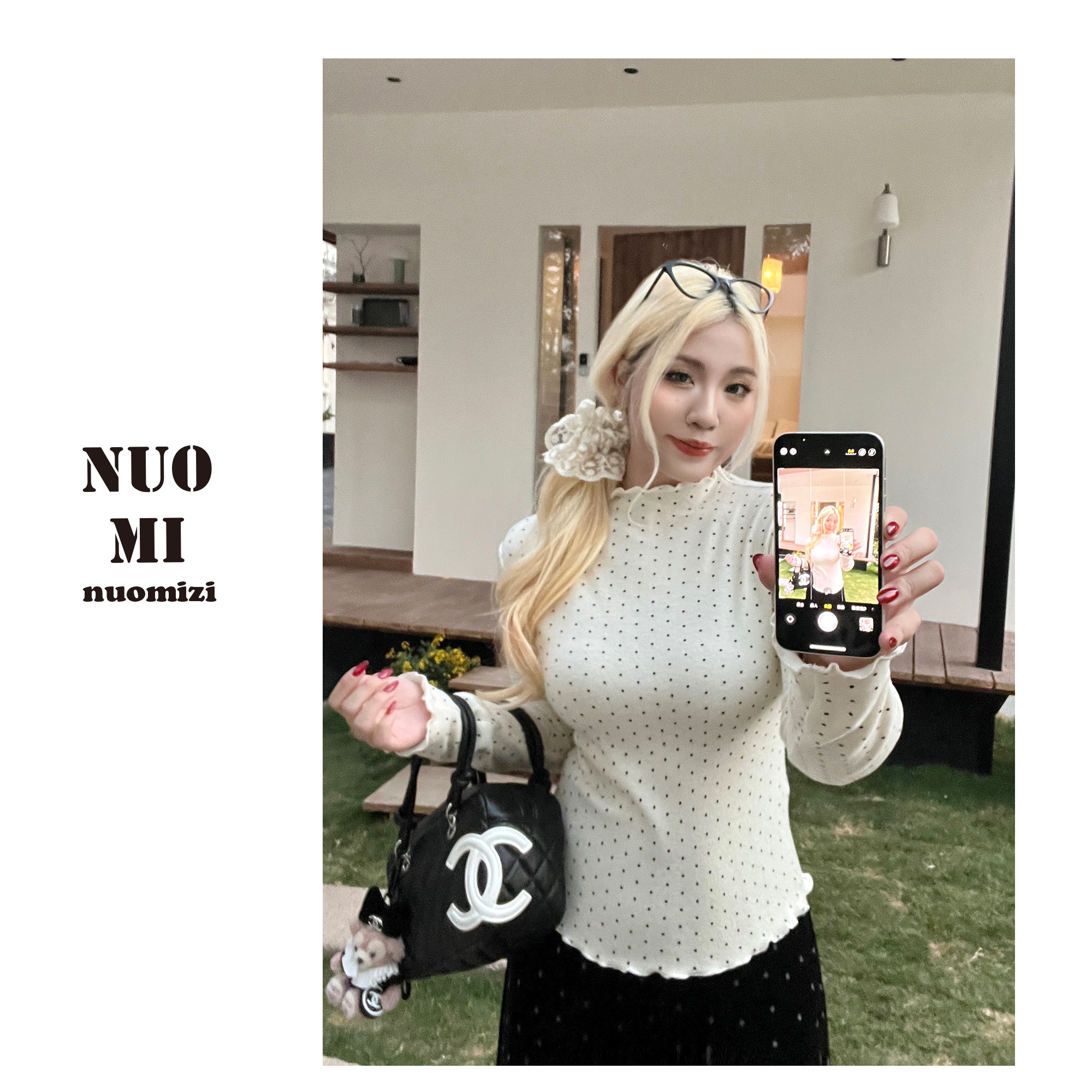 ZOZ糕冷圆脸[韩韩少女T恤]波点半高领木耳边打底衫秋冬长袖T恤