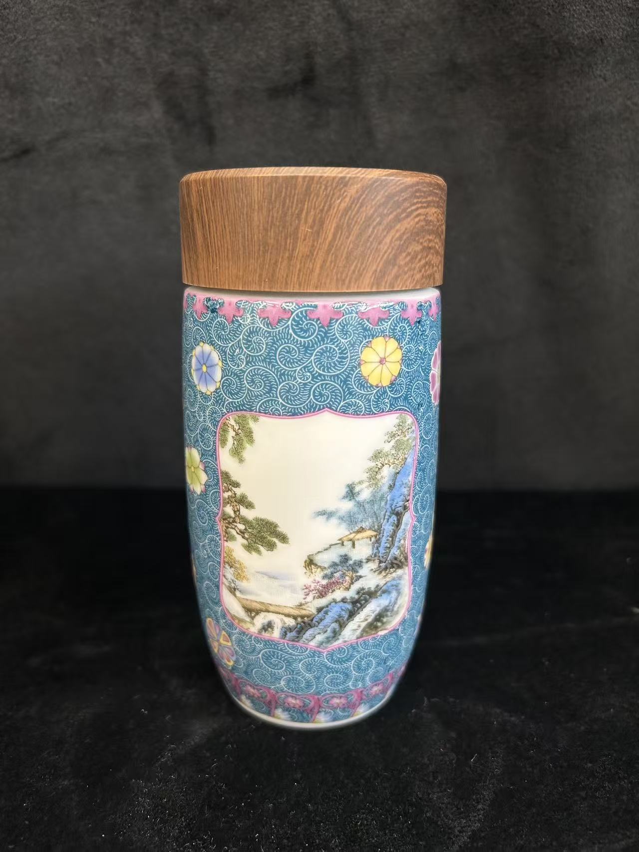 景德镇陶瓷-珐琅彩墨水蓝开窗陶瓷杯