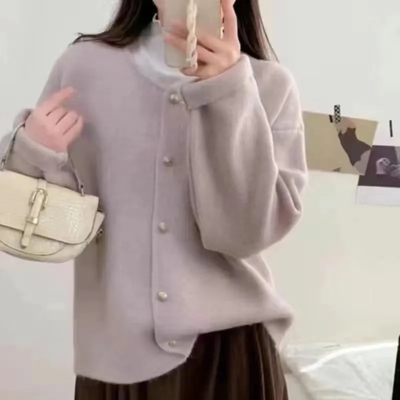 韩系圆领单排扣纯色针织开衫女秋冬新款慵懒风软糯毛衣显瘦外套潮