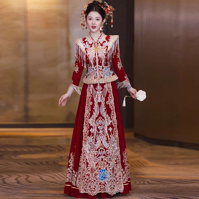云肩秀禾服丝绒红色2025年新款新娘结婚中式婚服大码修身遮肚嫁衣