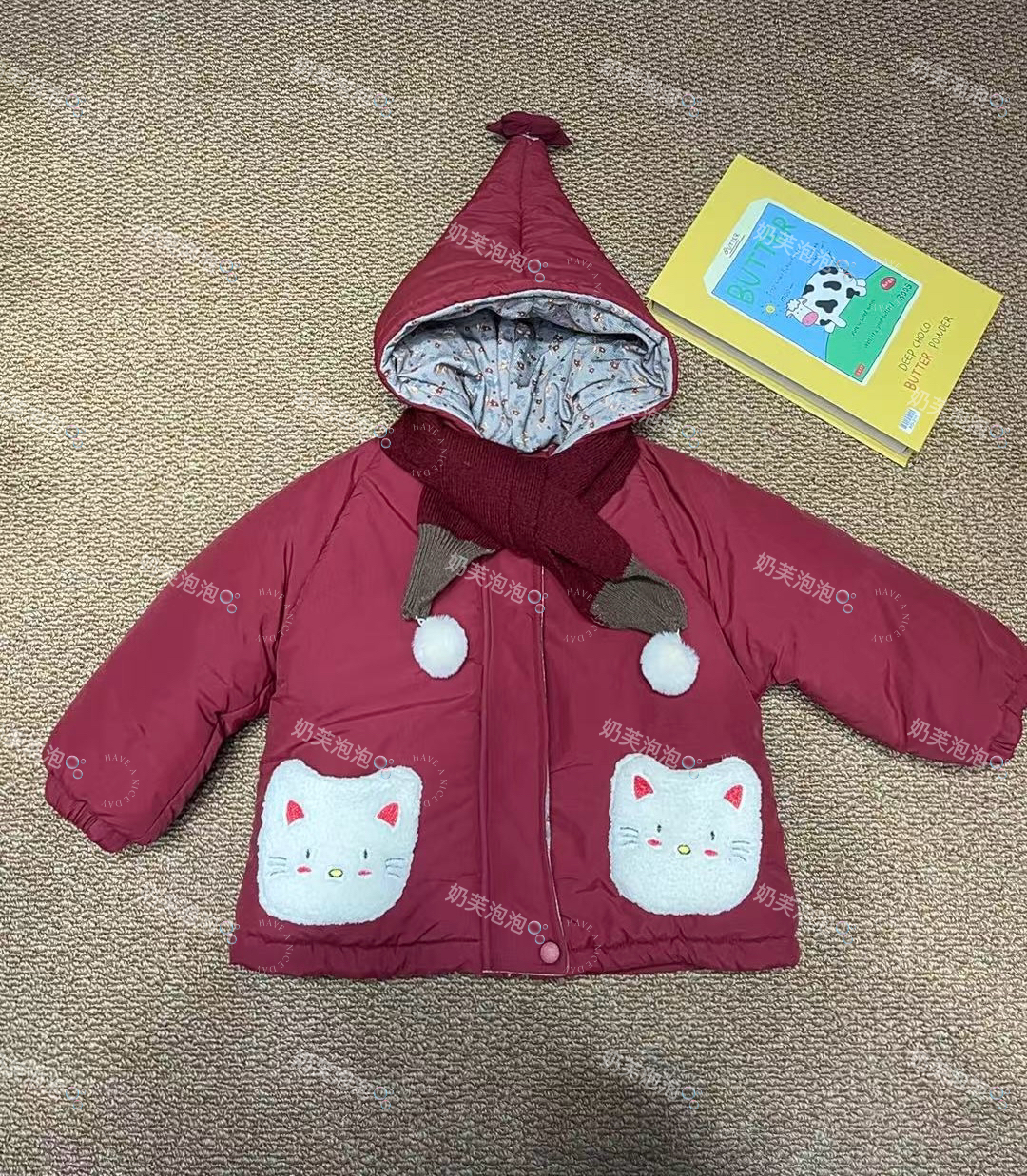 厚款纯色棉袄猫咪红色印花棉服休闲风连帽女童【关注送围脖】