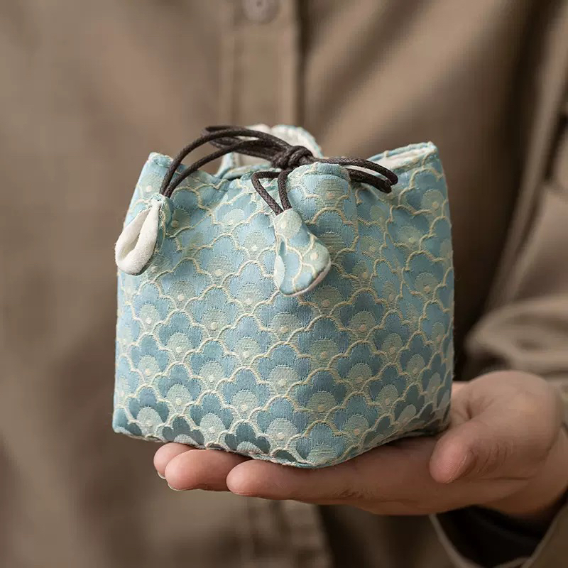 茶道配件-聚器堂国风织锦（抽绳）杯袋-祥云、水波纹