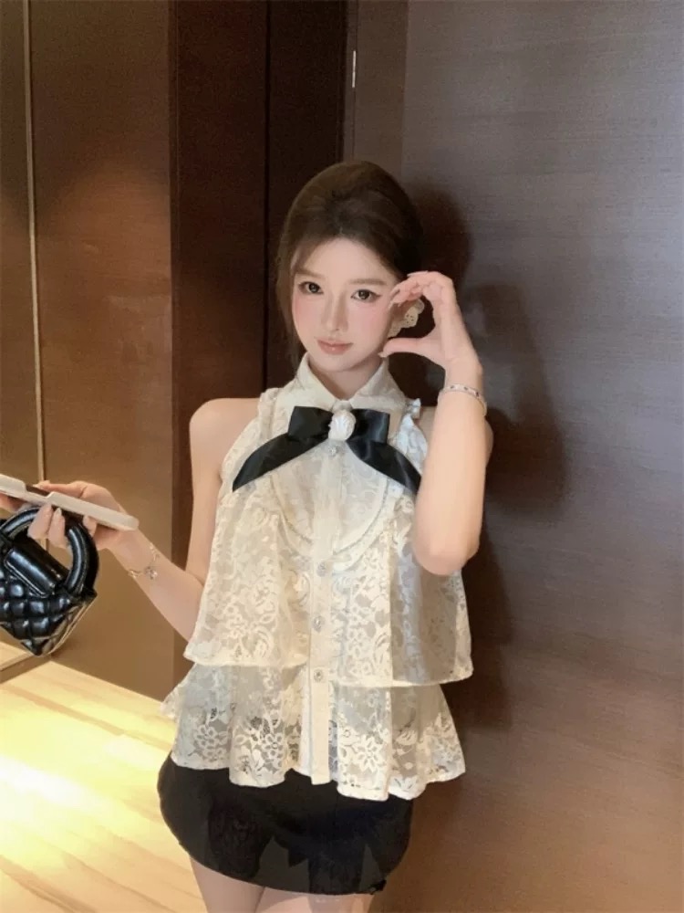 蝴蝶结国风翻领重工气质背心开衫复古无袖夏季蕾丝衫蕾丝镂空