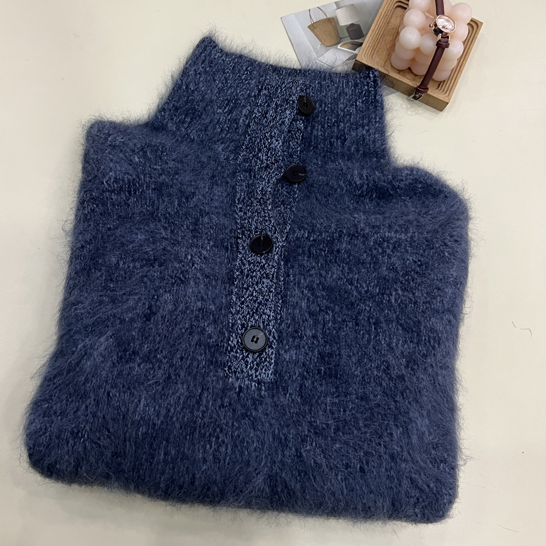 绒品 韩系拉绒小高领半开加厚花纱套头针织衫