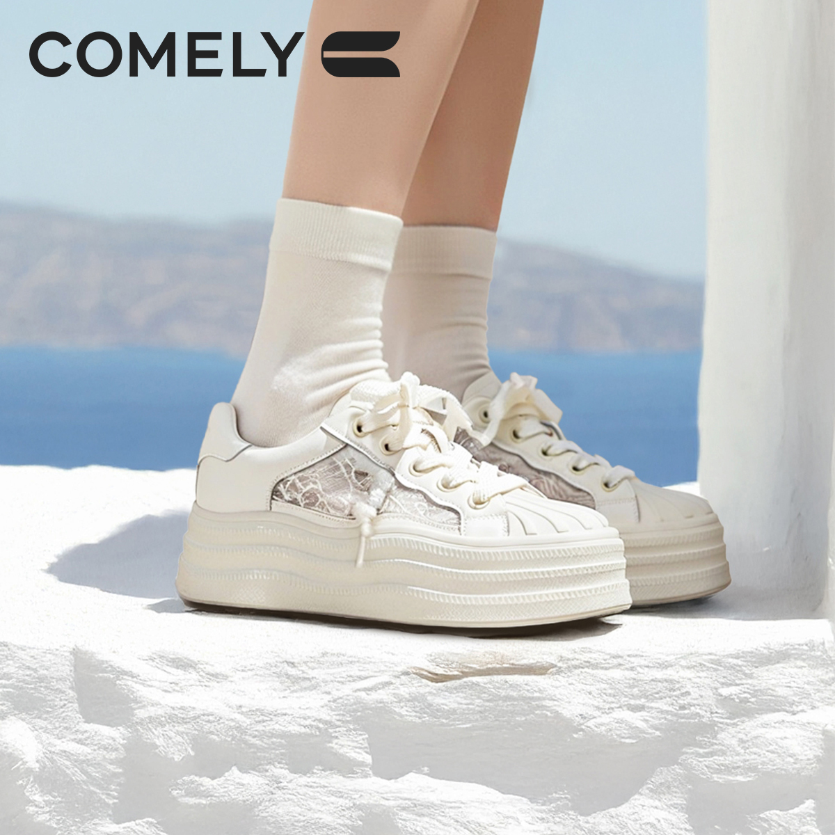 【康莉COMELY】KKF5A271厚底透气网面增高运动小白鞋松糕底休闲板鞋