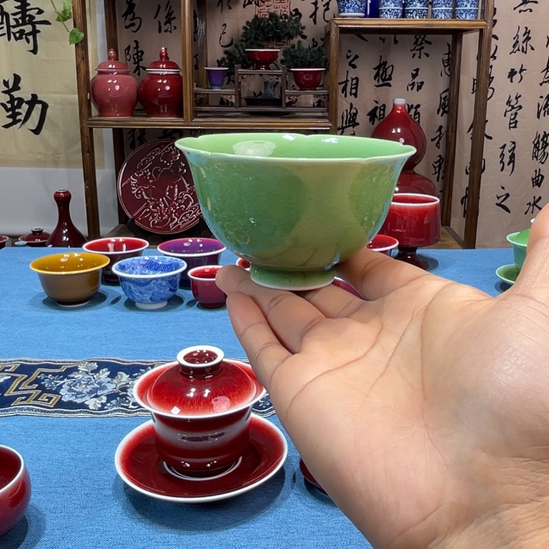 景德镇陶瓷浅行窑翡翠绿大花朵杯