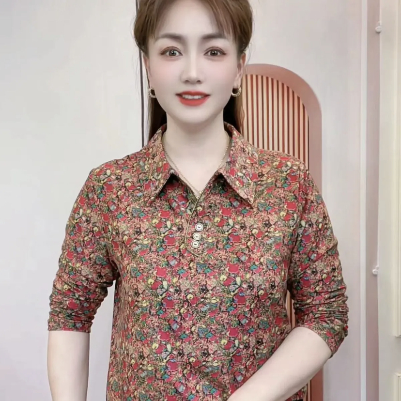 秋季新款长袖翻领碎花打底衫气质时尚宽松显瘦妈妈装春秋装
