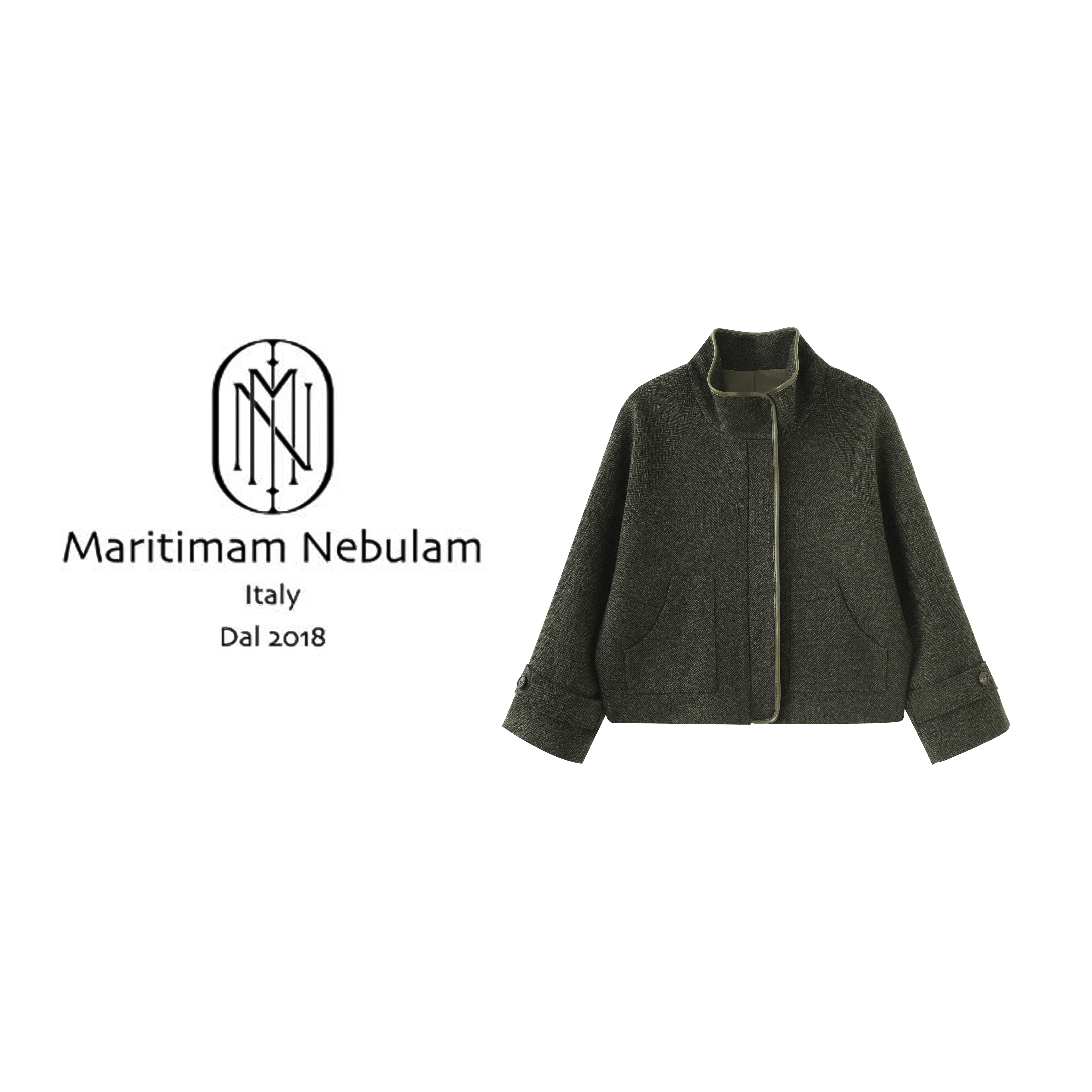 MN.【复古画报】立领短款人字纹羊毛拼接pu皮轮廓大衣外套 SZ2519