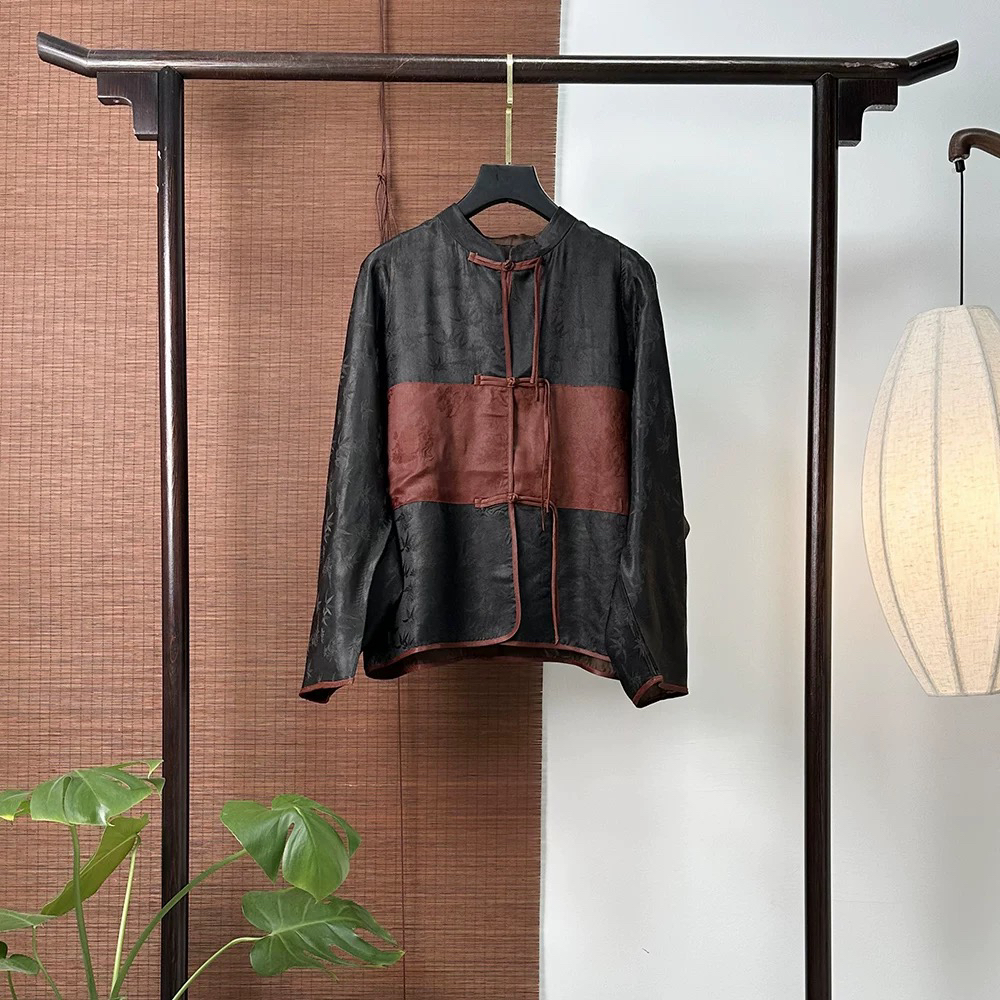 新款中式香云纱100桑蚕丝外套35姆米花罗提花8956