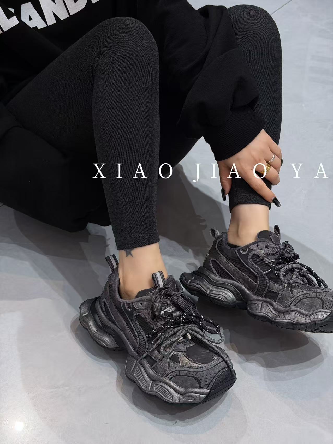 现货XIAOJIAOYA【枪色老爹】重工金属感方圆头潮流老爹鞋（跟高5）