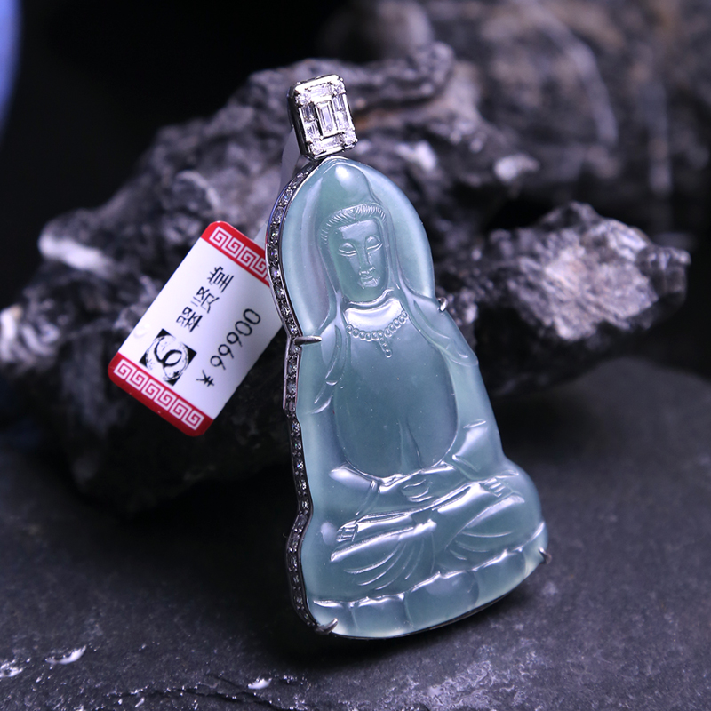 翠贤堂379天然A货翡翠吊坠玉观音素衣观音水月观音冰种精雕镶嵌
