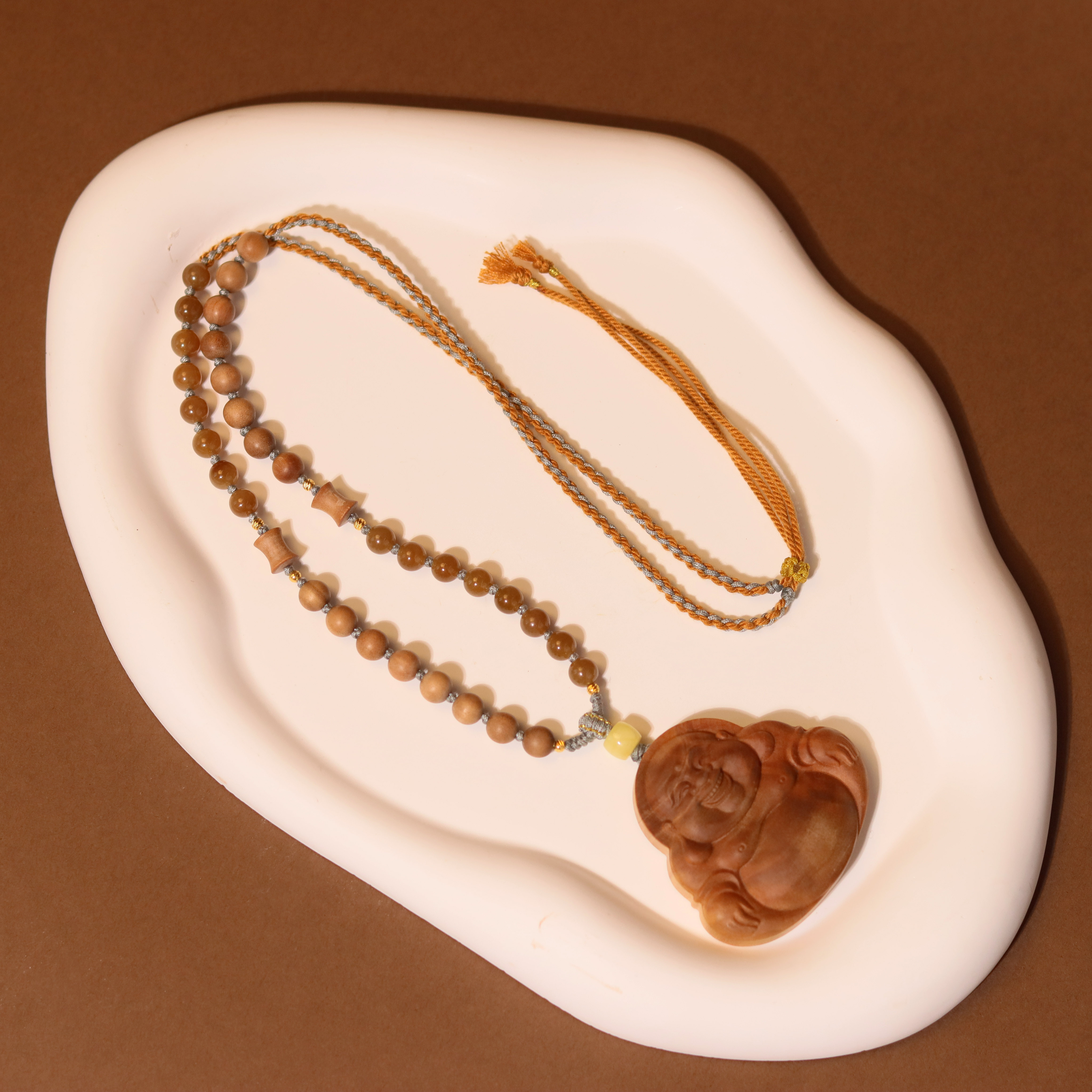 【18k】原创设计 迈索尔老山檀 弥勒佛挂件 配和田玉