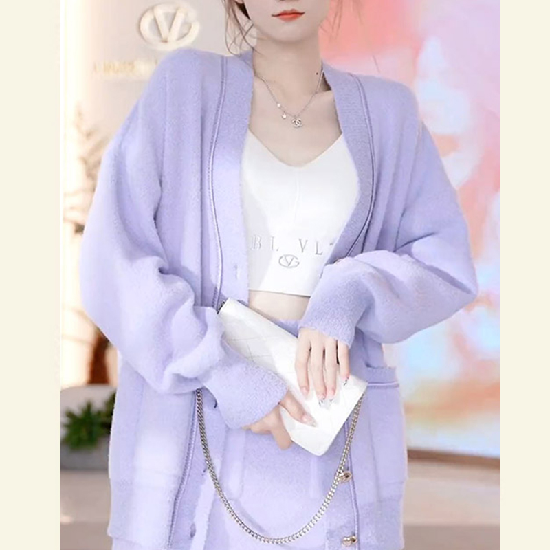 YZZ0352508秋季新款长袖紫色开衫上衣短裙套装女时尚洋气两件套
