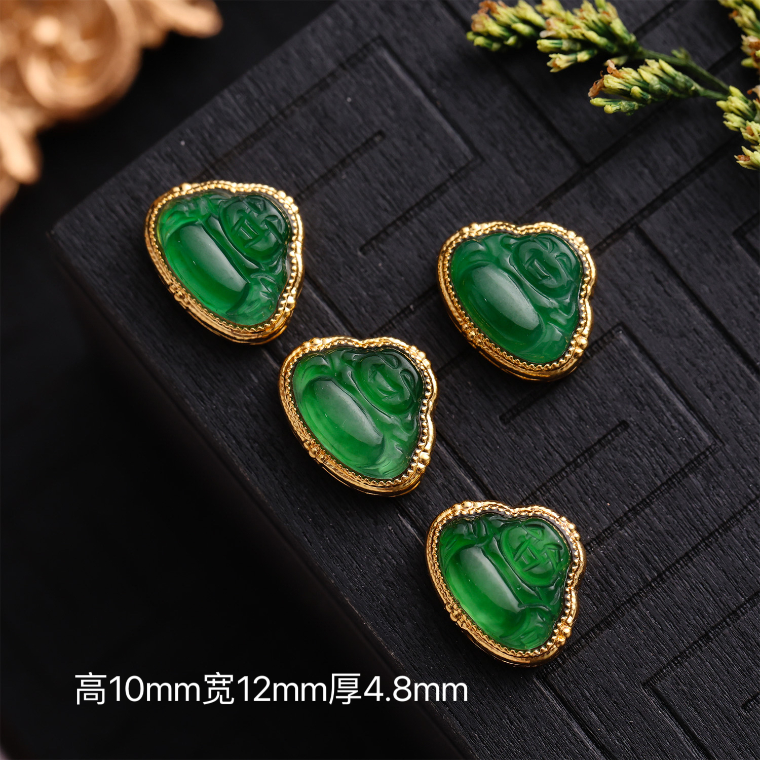 【来福工厂】18k金天然翡-翡佛-公通孔蛋面背云中穿高冰阳绿配饰