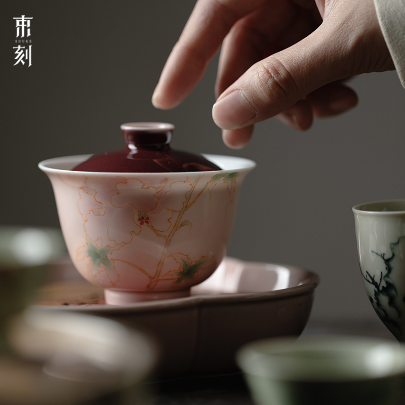 骅锦苍烟红手绘月季花盖碗日式陶瓷釉下彩功夫茶具手工二才盖碗