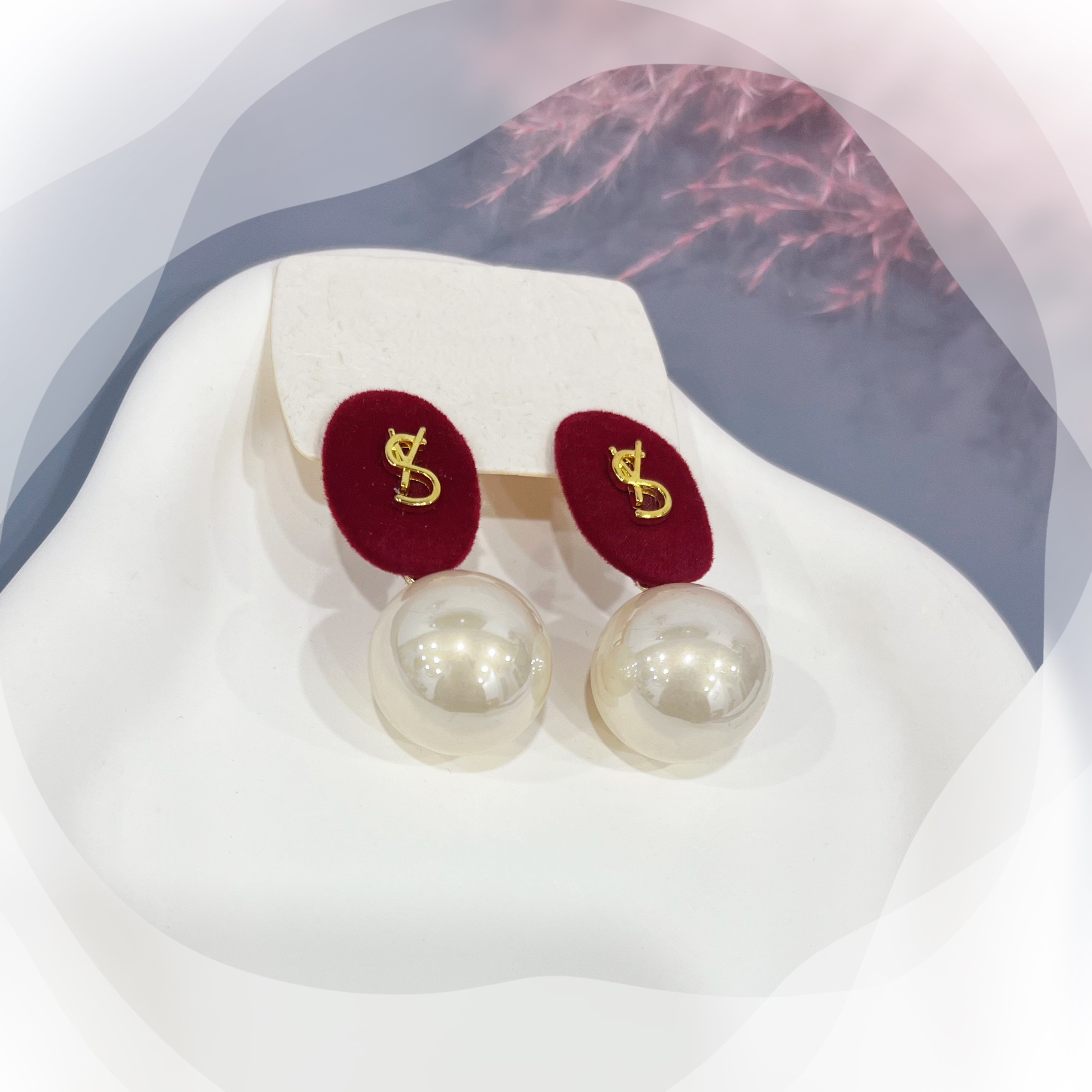 合金仿珍珠耳饰 1794合金高级感法式红丝绒奶油贝珠耳环