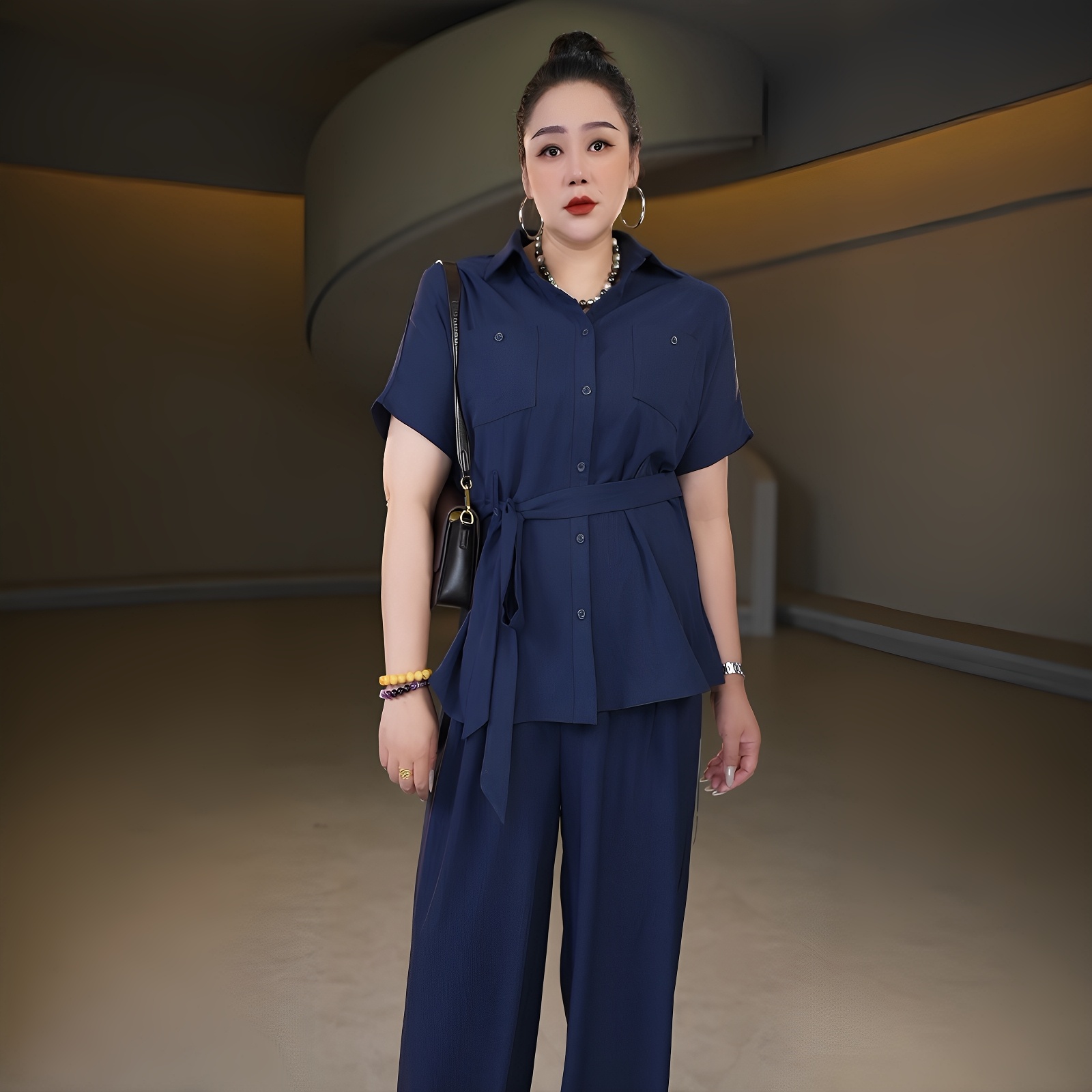 伊馨大码女2025夏装新款胖mm优雅气质绑带收腰衬衫上衣阔腿裤套装