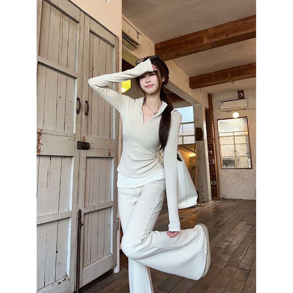 气质服装时尚套装假两件磨毛长袖T恤女春季高腰垂感微喇裤两件套